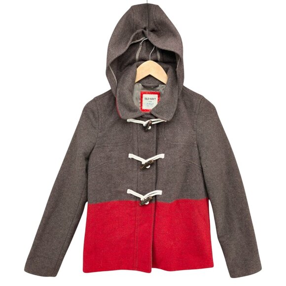 Old Navy Wool Bland Coat Womens Red Brown Colorblock Hooded Full Zip Lined Sz XS - Picture 1 of 15